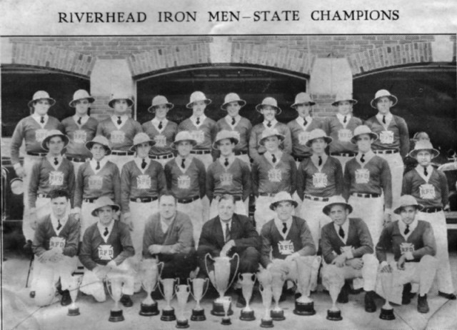 1935 State Drill Team Champions - Riverhead's Ironmen
Front row - left to right - Francis Painter, Second Deputy Chief Joseph E. Walsh, captain; First Deputy Chief Thomas Romanski, Chief Carl F. Peterson, who is also first vice president of the Suffolk County Volunteer Firemen's Association; Capt. Wallace Downs, of Ever Ready hose; Frank White, assistant captain of the racing team, and Lawrence Schaefer.

Second row - left to right - Clifford Moutoux, M. Lutzky, John Matti, William Hafner Jr., Francis Walsh, second lieutenant of Reliable hose and engine; Assistant Capt. John Benedict of that company; Walter Worthington, Alvin Bartunek and Ex-Capt. Gerard Hajek, of Ever Ready hose.

Third row - left to right - Capt. Harry Wold, of Washington engine; Edward Painter, Capt. John M.  Carlson, of Red Bird hook and ladder; Walter Sidor, D. Boutoff, Lloyd Case, First Lieutenant Leonard Firth, of Washington engine; Louis Waski, Alden Young and Anthony White.

Other members of the team - Capt. Frank Zambzryski, of Eagle hose; Stephen Korcelowicz, Frank Zaleski, Capt. Elmer H. Davis, of Reliable hose and engine; Theodore Schaefer, David Catena, Harold Hansen, Harold Hoch-heiser, OrviIle Cheshire, Dan Roche, William Zambzryski, Charles Diamond, Clair Vail, Russell Moore, Chester Kruszeski, Henry Victoria and William Ruland.